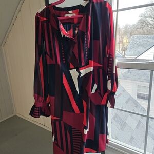 LOFT Red and Navy Geometric Patterned Dress XL